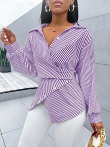 SOLERSUN 女士条纹印花纽扣衬衫，不对称下摆，蝙蝠袖，裹身式上衣，秋季，长袖，冬季，优雅，日常通勤，外出，休闲 - 紫色 - 查看 5
