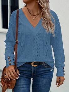 EMERY ROSE Plus Size Plus Size V-Neck Drop Shoulder Jacquard Textured Soft Knit T-Shirt, Autumn/Winter