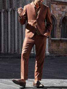 Manfinity Bizformal Bộ vest nam cổ ve áo đơn màu, tay dài, áo khoác và quần dài thường ngày - Cà phê nâu - Xem 4