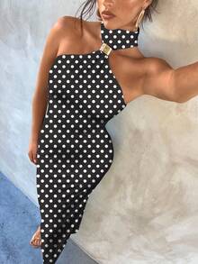 Aloruh 波尔卡圆点图案优雅性感金属扣装饰镂空修身黑色针织弹力女式连衣裙 - 黑色 - 查看 9