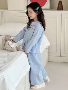 DAZY 2 件套女童休闲长袖上衣和裤子家居服套装，秋季 - 藍色 - 查看 4