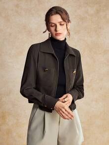 House of One Chaqueta de mujer de ajuste holgado con cremallera, cuello, bolsillos, de tejido sólido, para otoño e invierno