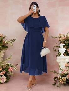 Cravure 女士加大码圆领宽松纯色优雅长款雪纺连衣裙夏季女装春装优雅正式女装婚礼女装婚礼宾客