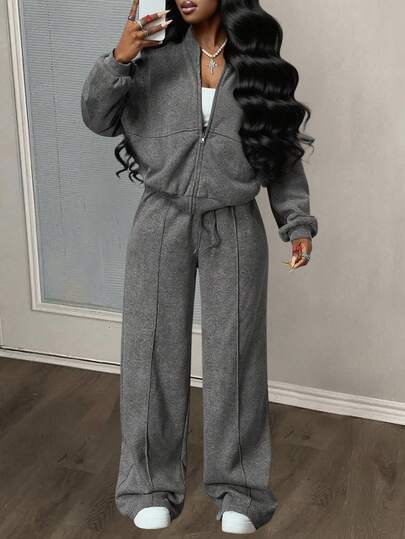 Slaydiva 2 pezzi Set da donna autunno/inverno, composto da giacca con colletto con zip e maniche lunghe e pantaloni dritti, in tinta grigia con stampa di fiocchi di neve finti, set comodo e elegante da festival rock