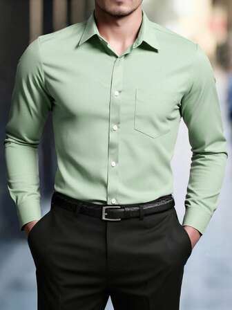 Manfinity Mode Men's Casual Solid Color Long Sleeve Shirt, For Fall