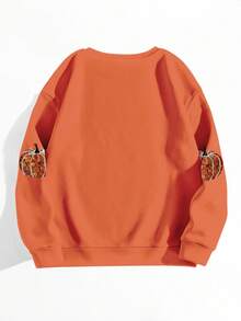 EMERY ROSE 女式南瓜图案圆领长袖舒适彩色上衣，万圣节礼物运动衫 - 橘色 - 查看 2