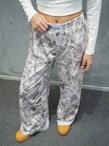 SHEIN Teen Girls Green Leaf Print Waistband Contrast Trim Loose Pants, Casual, Unisex, Outdoor Fall Winter