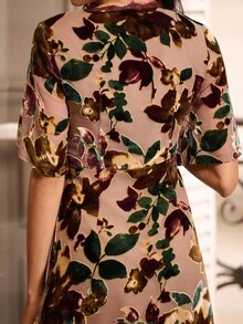 lacRébo Burnout Velvet Floral Mini Dress With Flared Sleeves And Lace-Trimmed Neckline Spring Women Clothes Spring Summer Office Dress Luxury Premium Outfits French Style Parisian Style - Multicolor - View 5