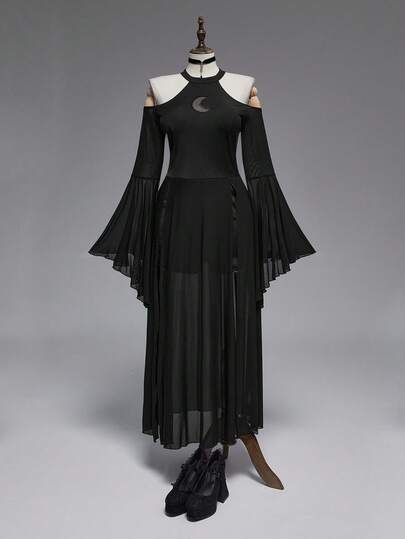 Goth Plus Size Women Gothic Crescent Moon Hollow Mesh Patchwork Off-Shoulder Flare Sleeve Dress