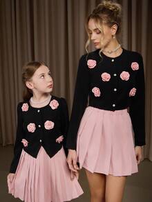2pcs Women's Set: Black Jacket Paired With Pink Pleated Skirt, Adorned With 3D Pink Floral Decor, Elegant & Romantic Daily Wear