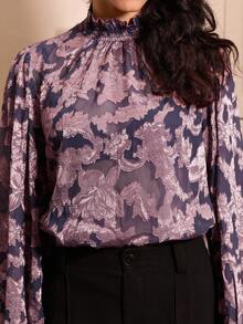 lacRébo Sheer Floral Metallic Blouse With Ruffled Neck Fall Women Clothes Autumn Outfits Fall Women Clothes Autumn Winter Elegant Blouse