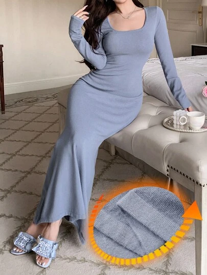 DAZY 女式纯色U领长款针织紧身连衣裙，秋冬家居服，秋季睡衣