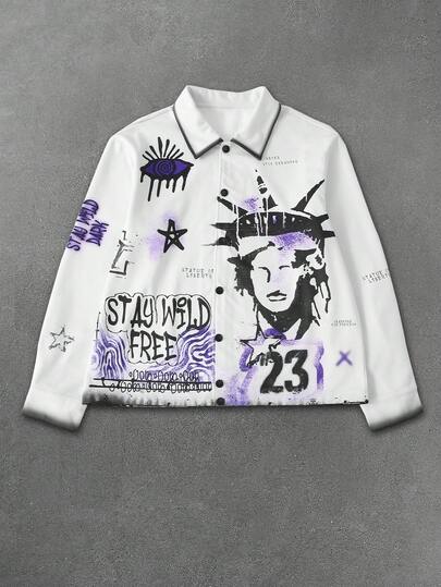 PAVTROS Men's Fashionable Casual Printed Thermal Lined Jacket, Autumn Graphic Button Up Stay Wild Free Grunge Jacket, Statue Of Liberty Graphic Jacket