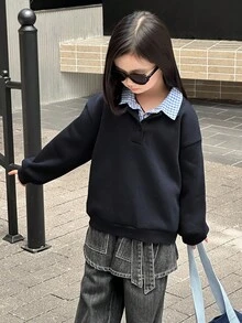 DAZY Sweatshirt Lengan Panjang Gaya Korea Warna Kontras untuk Anak Perempuan, Musim Gugur/Dingin - Navy Blue - View 6