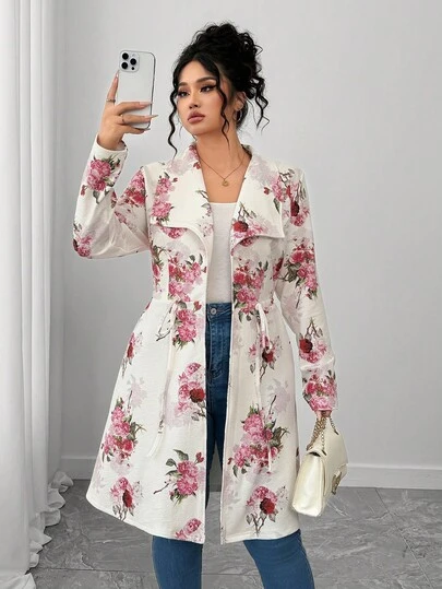 Elenzga 女士时尚优雅印花翻领系带夹克