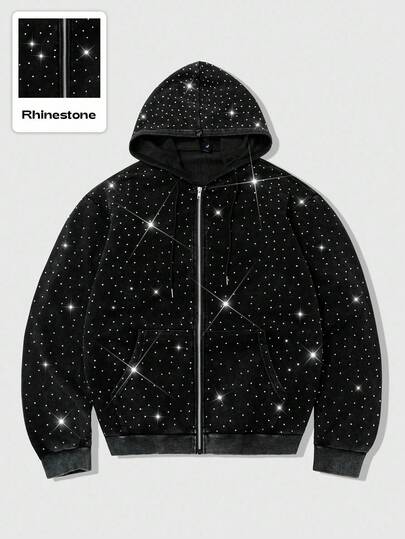 Street Life Unisex Street Style Embellished Rhinestone Print Zip-Up Hoodie Sweatshirt , Fall