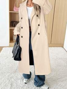 SHEIN EZwear 女式杏色立领双排扣休闲大衣，秋冬 - 杏色 - 查看 5