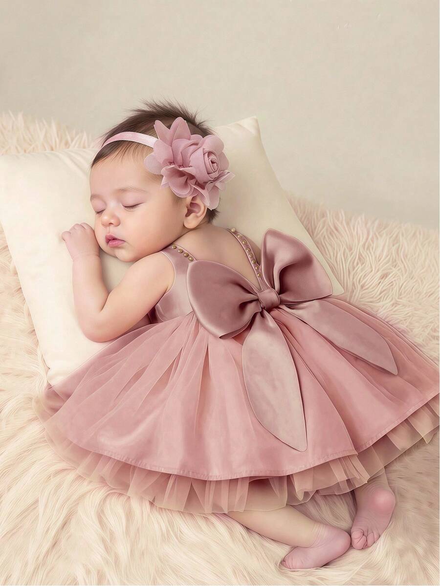 SHEIN 2Pcs Set Newborn Girl Pearl Style Dress With Rose Flower Headband Baby Photo Shooting Outfits Infant 1 Month 100 Days Taking Picture Costume Fall Winter