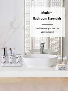 5PCS/9PCS Marble Pattern Bathroom Accessories Set, Including Toothbrush Holder, Soap Dispenser, Soap Dish, Tumbler, Refillable Bottles, Trash Can And Toilet Brush Home Bathroom Decor Fall Decor Back To School