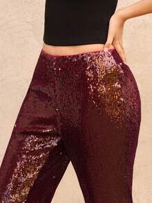 lacRébo Calça Flare com Lantejoulas Borgonha, Festa, Primavera, Mulheres, Outono, Primavera, Mulheres, Primavera, Verão, Festa - Vinho - Visão 3