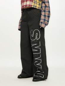 SUMWON WOMEN Graphic Nylon Joggers With Side Text Print Wide Leg Casual Streetwear Pants