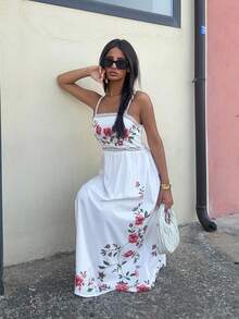 Ronhire Women's Floral Print Long Elegant Cami Dress, Vacation Style, Prom Dresses For Ladies,Summer Dresses ,Sun Dresses ,Floral Dress Women,Prom Dress,Vacation Outfits Woman