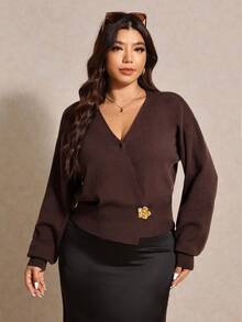 Elaquor Suéter de cárdigan elegante con cuello en V cruzado de unicolor para tallas grandes en otoño/invierno - Café integral - Ver 3