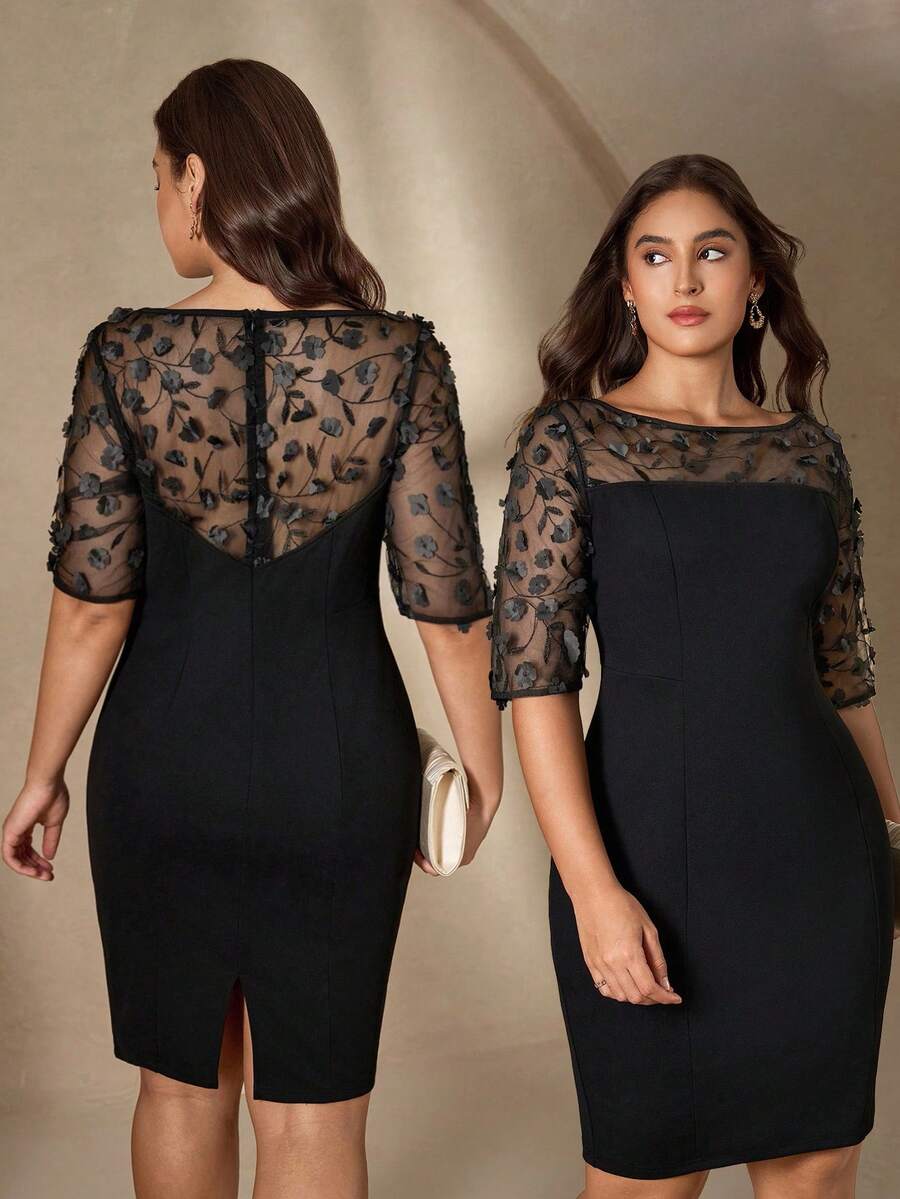 Chikora Váy ôm dáng thêu hoa 3D lưới thanh lịch cỡ lớn