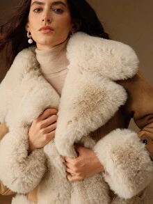 Anewsta Fashionable & Versatile Faux Rabbit Fur & Suede Composite Jacket, Autumn/Winter - Brown - View 1