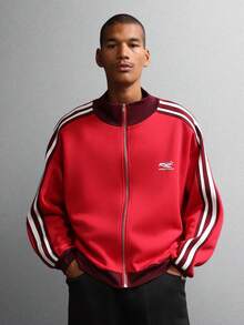 SUMWON Klassische Trainingsjacke mit Retro-Streifendetail, geripptem Kragen, durchgehendem Reißverschluss, athletischem Collegejacken-Stil, Herbst-Winter-Essentiell, lässige Oberbekleidung - Rot - Übersicht 8