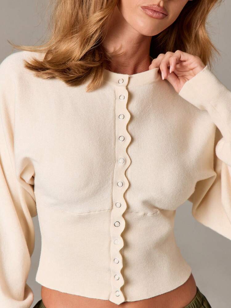 Scalloped Button Front Knitted Cardigan With Cinched Waist