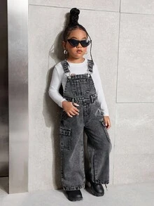 SHEIN 年轻女孩复古破旧灰色牛仔背带裤 - 灰色 - 查看 6