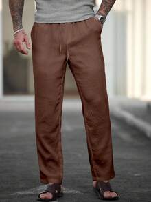 Manfinity Homme Men's Solid Color Waist Tie Pocket Straight Leg Casual Pants, For Fall - Camel - View 3