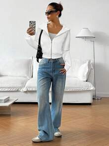 SHEIN EZwear 女士休闲日常白色拉链连帽衫，秋季 - 白色 - 查看 3