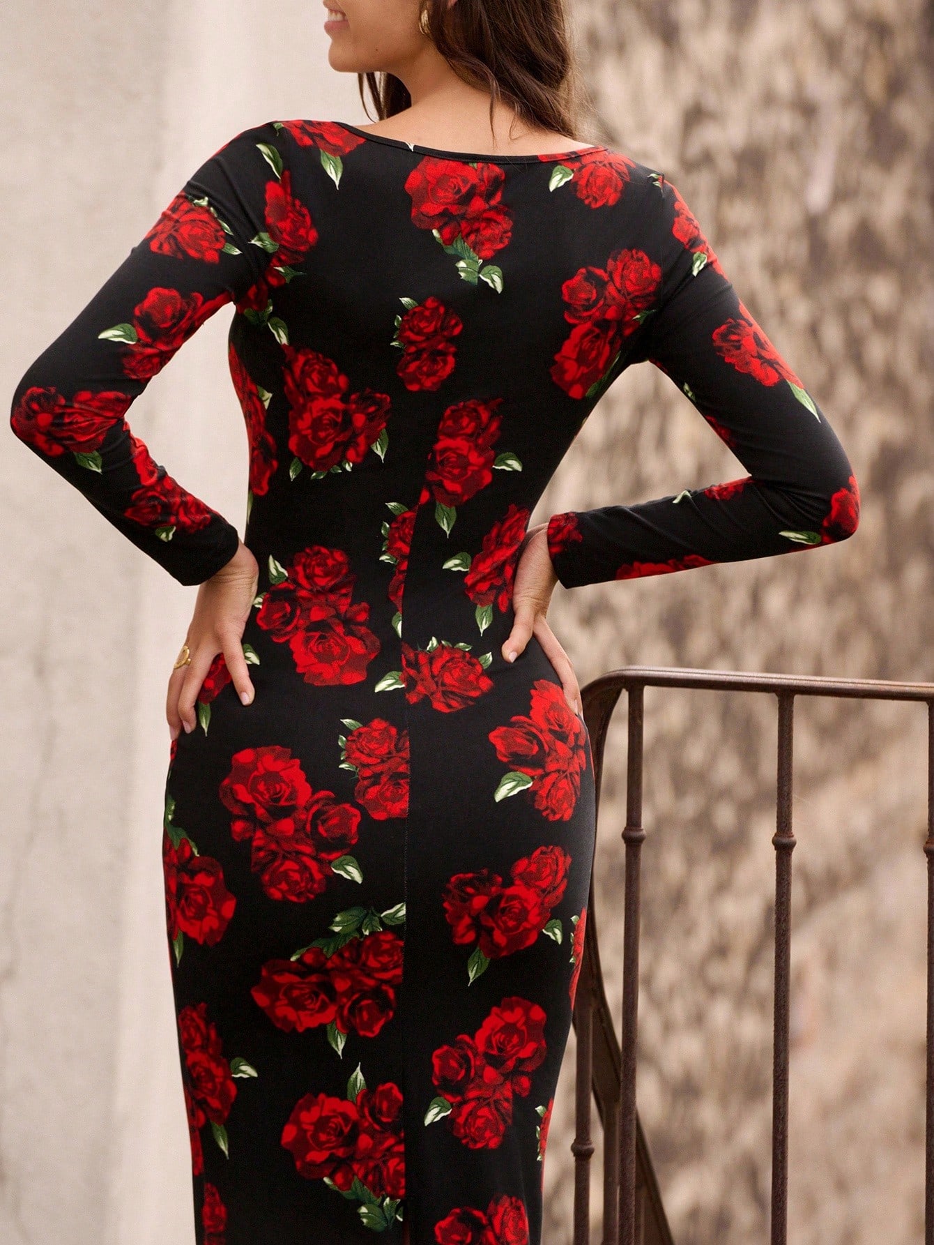 Vestido maxi ajustado con estampado floral negro y rojo y detalle de lazo en la parte delantera, ropa de mujer para otoño e invierno