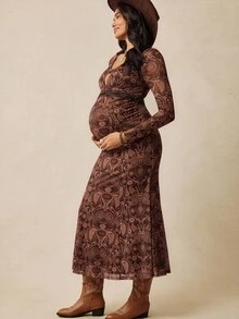 Boho Mama 孕妇休闲西部牛仔印花V领连衣裙 - 卡其色 - 查看 6
