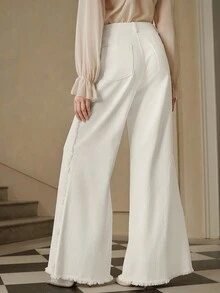 SHEIN Unity Pantaloni eleganti, romantici e alla moda per le donne, con design di orlo sfrangiato e gamba dritta, abiti adatti per il Capodanno - Bianco - Visualizzare 6