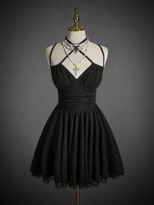 SHEIN ICON Vestido corto de mujer de unicolor con espalda descubierta, drapeado y volantes, con tirantes ajustables - Negro - Ver 8