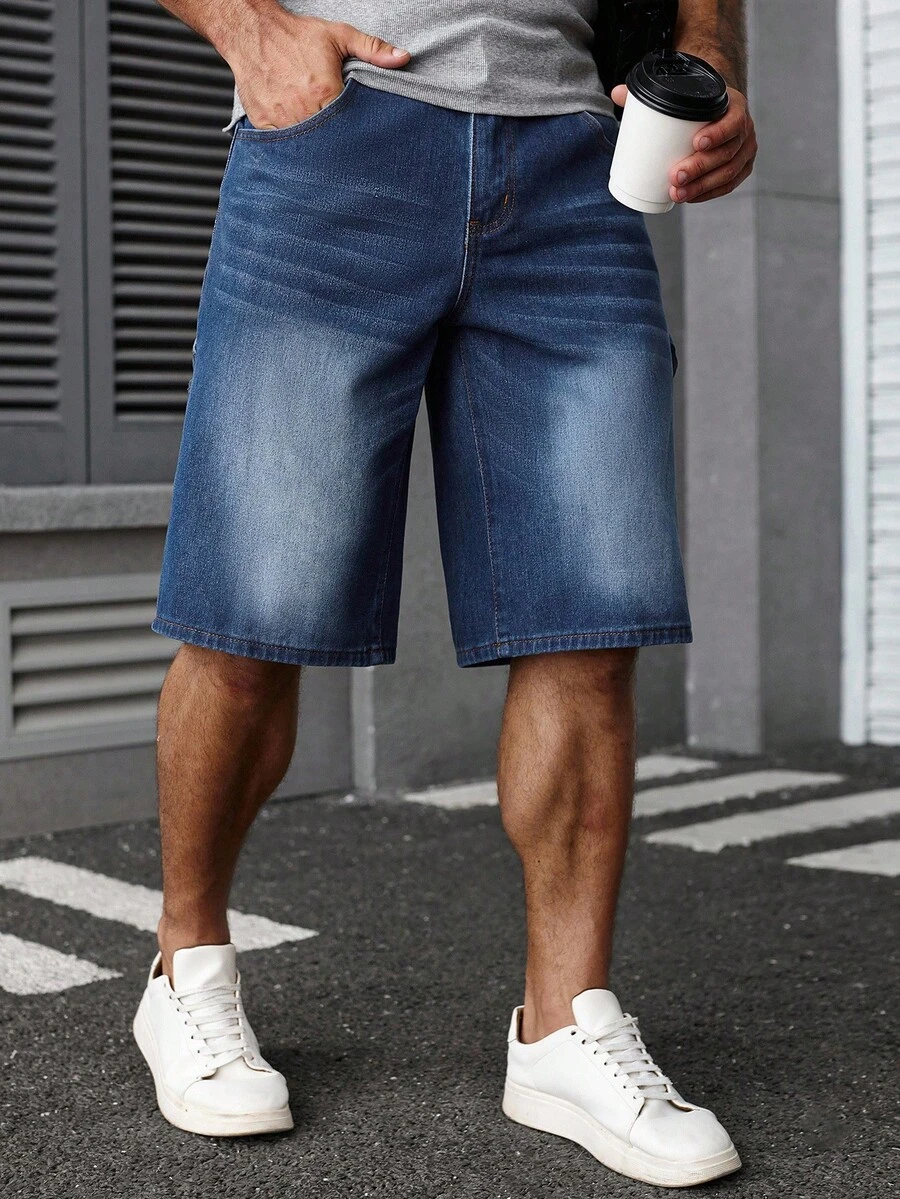 Manfinity Homme 男士休闲宽松蓝色牛仔短裤，夏季百搭