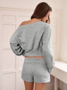 Hanevo 女士时尚优雅水钻装饰斜肩领长袖短款休闲运动衫 - 灰色 - 查看 2