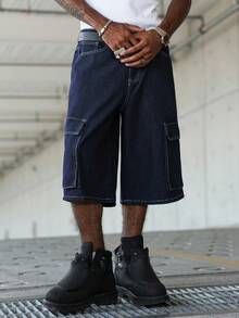 Manfinity Hypemode 男士休闲宽松工装口袋阔腿牛仔短裤 - 深色水洗藍 - 查看 4