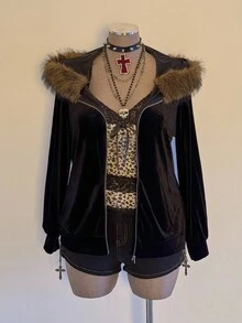 Sunspun Furry Hat 休闲长袖夹克，简约纯色，腰部收紧设计 - 黑色 - 查看 3