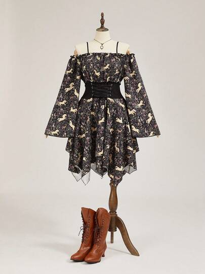 EDITION فستان كبير الحجم بطبعة زهرية للحصان والوحيد القرن والغزال، كشكش الكتف، أكمام واسعة، حافة غير متماثلة، خصر بسحاب