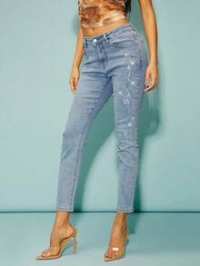 Denimoi Women's Spring/Summer Front Button Pocket Rhinestone Simple Denim Jeans, Casual Everyday Wear - Blue - View 5