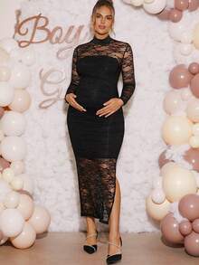 Loomaby Elegant Maternity V-Neck Lace Slit Hem Fitted Dress,Black Maternity Dress,Gender Reveal Dress,Maternity Dress, Baby Shower Dress - Black - View 5