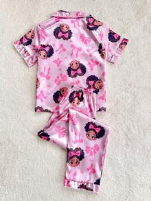 SHEIN 女童仿丝花卉印花荷叶边袖上衣和长裤睡衣套装 - 紫色 - 查看 2