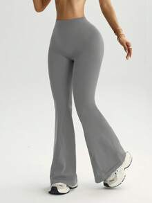 Damen einfarbige Sporthose mit geraffter Taille und weitem Bein, tiefem V-Ausschnitt