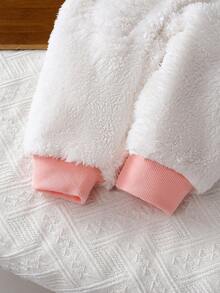 SHEIN Vintaside Kids 女婴可爱小狗刺绣粉色条纹长袖白色柔软绒毛连体衣，秋冬款 - 彩色 - 查看 3