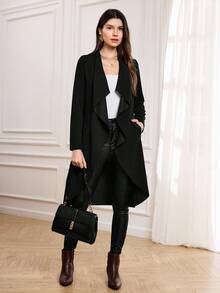 Miaspire Waterfall Collar Slant Pocket Coat Black Blazer Womenblack Trench Coat Womenlong Black Coat - Black - View 6