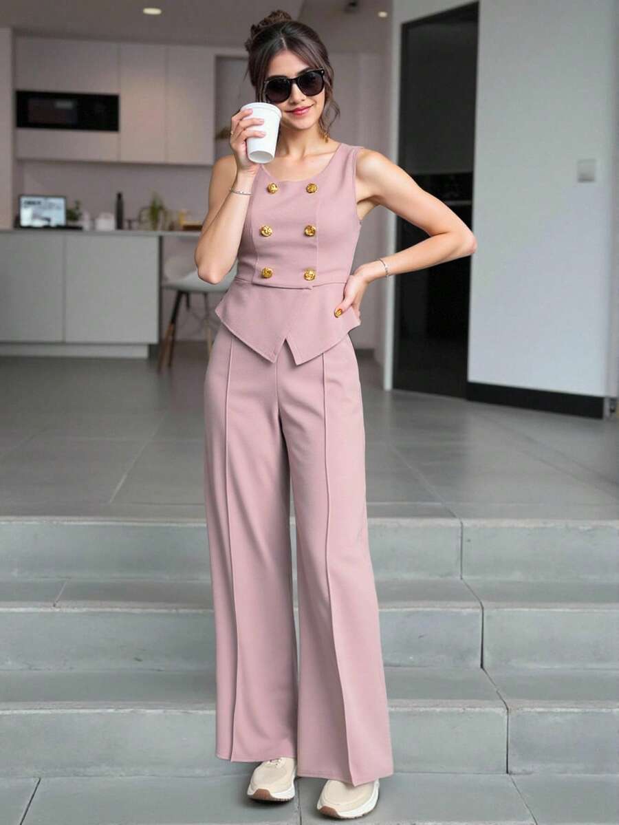 SHEIN 少女休闲优雅简约通勤上衣和长裤两件套 - 藕粉色 - 查看 1